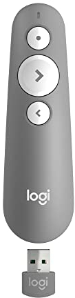 Logitech R500s Presenter mit Laser Klasse 1 für Bluetooth und USB – Universell kompatibel, 20 Meter Reichweite, konfigurierbar, intelligente Batterienutzung mit 12 Monaten Laufzeit – Hellgrau