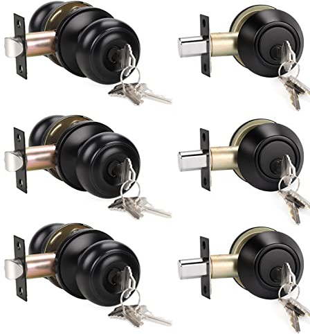 KNOBWELL 3 Pack Keyed Alike Entry Door Knobs and Single Cylinder Deadbolt Lock Combo Set Security for Exterior and Front Door, Keyed Entry Door Locksets with Deadbolt, Matte Black Finish