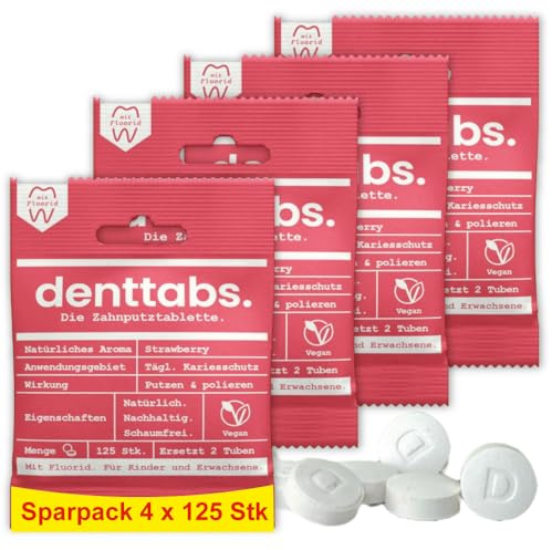 Tandborsttabletter Denttabs Kids Jordgubbs (4 x 125 st) plastfri med fluor