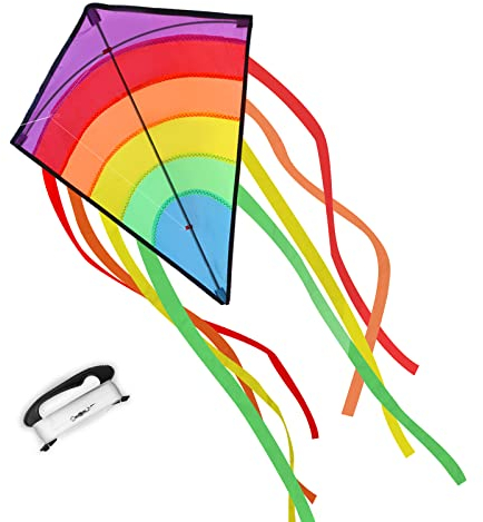 ECHOCUBE Einleiner Flugdrachen für Kinder und Erwachsene, Regenbogen Diamant Drachen mit Langen Buntem Schwänzen, Kinder Drachen für Outdoor Aktivitäten, Strandausflug, Familienzeit (73 * 65 cm)