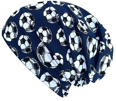 Wollhuhn Bonnet long pour enfant - Double couche - En jersey - Réversible et doux - Intérieur gris - Fabriqué à la main en Allemagne - Toute l'année, Ballon de football bleu foncé, 52-54