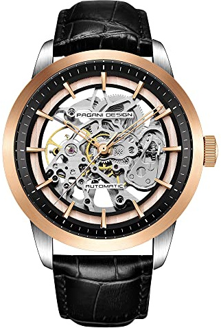 RollsTimi orologio da uomo automatico scheletrato, a carica automatica, in acciaio inossidabile, cinturino in pelle, serie pointer, impermeabile fino a 100 metri (Serie oro e nero-1639)