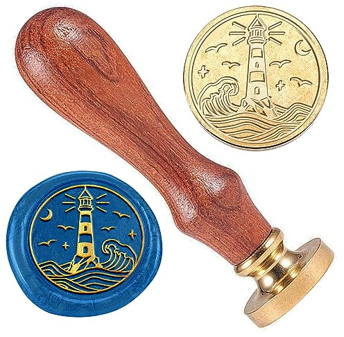 DELORIGIN Lighthouse Sea Wave Brass Wax Sealing Stamp with Wooden Handle - Retro Wax Seal for Gift Wrapping, Wedding Envelopes, Cards, Letters, Invitations & Wine Packaging