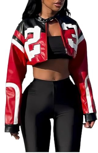 VOIKERDR Leather Jacket Cropped Jacket Motorcycle Jacket Y2K Letter Bomber Jacket Women Faux Leather Jacket Streetwear