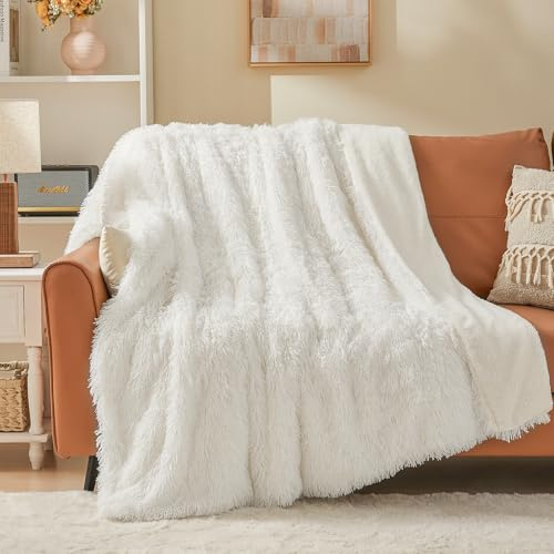 EMME Faux gosig filt, fluffig, 150 x 200 cm, pälsfilt, päls-ullfilt, levande filt, supermjuk, plysch, varm mysig fleecefilt, tjock, elegant, överkast för soffa och säng, vit