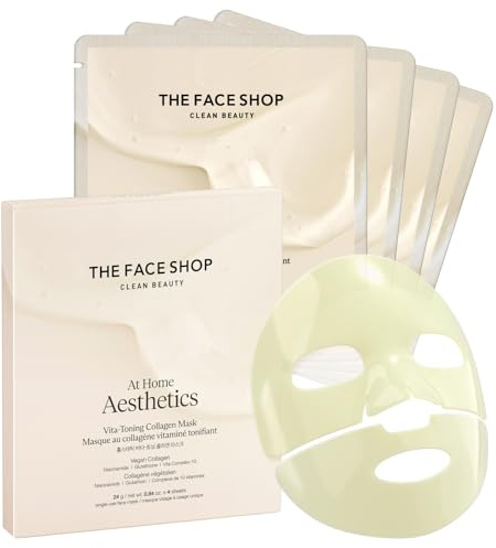 THE FACE SHOP Vita-Toning Vegan Collagen Face Mask, Korean Glass Skin Essential, Hydrogel Mask for Moisturizing & Skin Elasticity, Improves Uneven Tone, 4EA