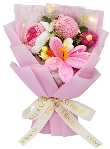 SimuPurol Crochet Tulip Flower Bouquet, Handmade Milk Cotton Tulips for Mother's Day, Includes Gift Bag & Greeting Card, Eternal Hand-Woven Flowers for Anniversary, Graduation Decor, Pink