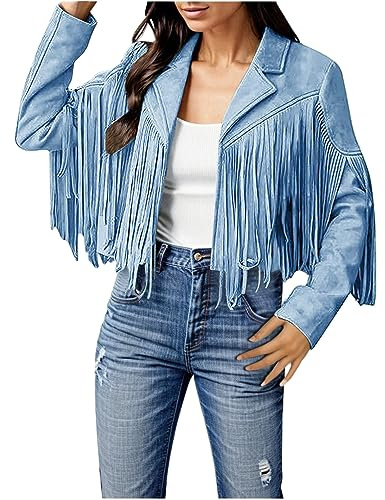 Fransen Lederjacke Damen wildledermitat, Motorrad-Biker-Kurzer Mantel, Kunstleder, Modische Mit Quaste Faux Suede Fringe Jacket Vintage Western Cowgirl Tassel Jackets Country Concert Outfits Blau M