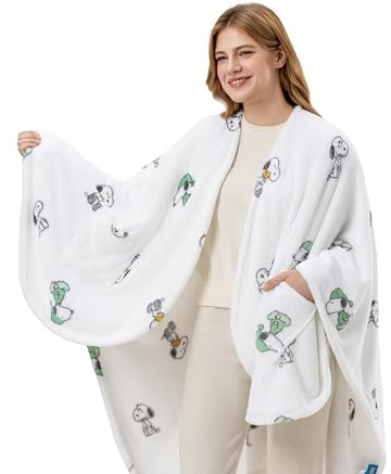 Berkshire Peanuts® Wearable Throw – Snoopy Print PrimaLush™ Plush Shawl Blanket, Cozy & Stylish Wrap for Lounging, Travel, or Gifting, 58 x 64, Snoopy's Cuddly Dreams White