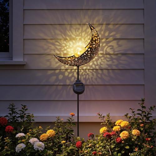Warmiehomy Solar Garden Lights, Retro Metal Hollow Moon Lamp with Cracked Glass Ball, Dual Mode Warm LED Solar Lights Outdoor Garden Ornaments, Waterproof Stake Lights for Garden Patio Lawn Pathway