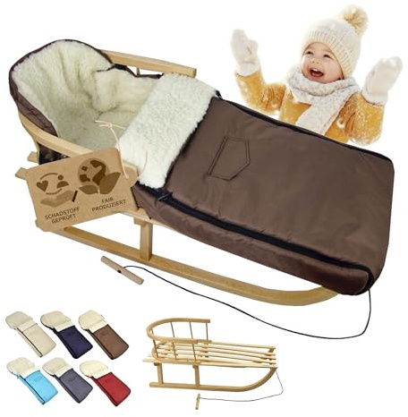 BambiniWelt - Slitta in legno con schienale e corda di trazione + sacco nanna invernale 108 cm, in lana d'agnello, impermeabile, set combinato per passeggino e passeggino (marrone)