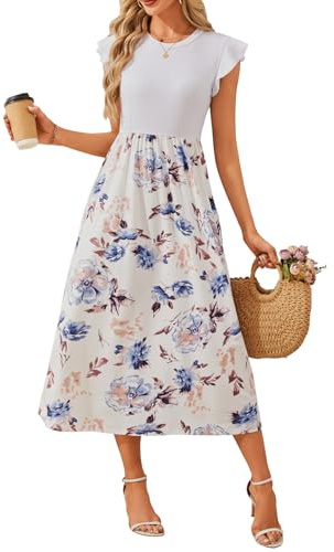 HEEKPEK Abito Donna Estivo Lungo Vestito Girocollo Scollo con Manica a Volant Vestiti Eleganti Chic Stampa Abiti da Mare Casuale Spiaggia con Tasca(Fiori Bianchi,XL)