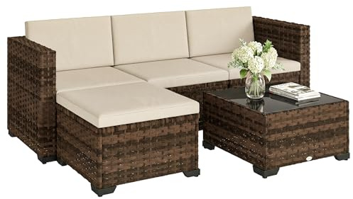 Outsunny Conjunto de Jardín de Ratán de 5 Piezas, Conjunto Terraza Resistente, Muebles Jardín Exterior Incluye Cojines, 2 Sillones de Esquina, Sillón sin Brazos, Reposapiés y Mesa Centro, Caqui