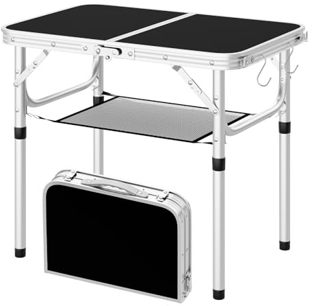 WOLTU Folding Table Height Adjustable 25/36/50/60 cm, Black | Storage Mesh Shelving, Rectangle Trestle Table, for Picnic BBQ Garden Camping, 60x40 cm MDF Tabletop, Metal Frame, Portable