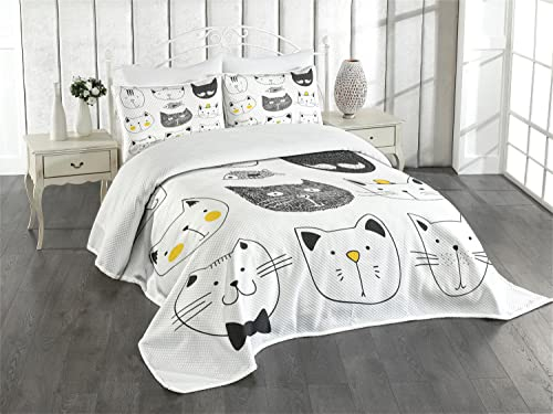 ABAKUHAUS Katze Tagesdecke Set, Stilvolle Katzen mit Fisch, Set mit Kissenbezügen Moderne Designs, für Doppelbetten 220 x 220 cm, Gelb Grauen
