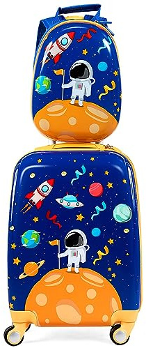 COSTWAY Set di Valigia per Bambini, 18 Valigia+ 12 Zaino, 2 Pezzi, con Ruote Girevoli a 360° e Maniglia Retrattile, Ideale per Viaggiare in Modo Comodo e Divertente (Modello 13)