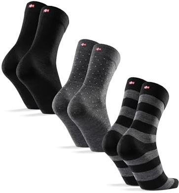 DANISH ENDURANCE Calze in Lana Merino, Calzini Classici Traspiranti, da Uomo e Donna, 3 Paia, Multicolore (1 x Nero, 1 x Nero/Strisce Grigie, 1 x Nero/Pois Grigi), 43-47