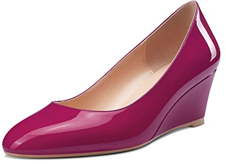 Saekcted Femmes Mi Talon Heel Compensé Rond Bout Slip-on Escarpins Classique Cute Dress 5 CM Heels Magenta Rouge 38 EU