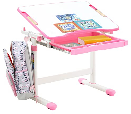 CARO-Möbel Kinderschreibtisch VITA weiß/rosa höhenverstellbar und neigbar, Schreibtisch für Kinder mit Schublade, Tisch mit Rinne für Stifte und Rucksackhalterung
