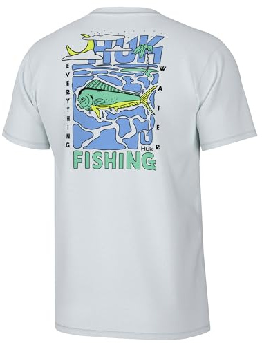 HUK Mens Fishing Graphic Tee, Performance Short Sleeve, Quick-Dry, Dolphin Dreams - White, Medium
