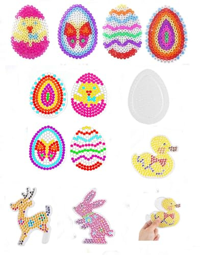 Happy Price Toys Lot de 4 plaques à perles à repasser Midi de 5 mm pour Pâques, 4 plaques transparentes avec 7 modèles, canard, lapin, œuf, chevreuil