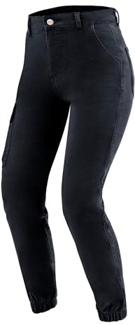 OZONE MOTO Jane Lady Pantaloni Jeans da Moto Donna | Fodera in Fibra Aramidica | Protezioni per Le Ginocchia Livello 2 | Tasche per Protezioni Fianchi e Coccige | Tasca Cargo | Jogger Fit