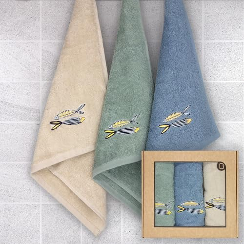 Estuche 3 Paños de Cocina Rizo Americano Peces, Paños de Calidad, Medida 50x50 Cms, Juego de 3 Paños de Cocina Originales, Gruesos de 500 gr/m², Trapos Absorbentes y Suaves (Peces, 50X50 cm)