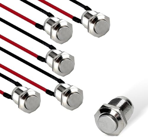 Podazz Lot de 5 boutons pression étanches pré-câblés 12 mm 2 A 12 V/24 V/125 V/250 V AC avec interrupteur à bouton-poussoir étanche en acier inoxydable (tête haute)