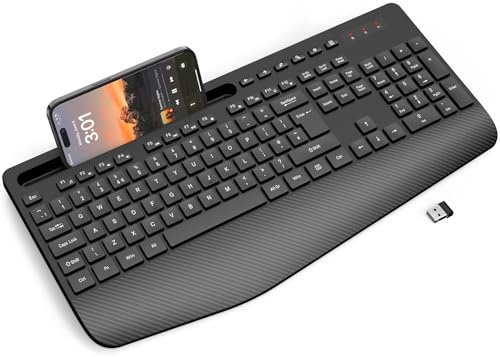 Teclado inalámbrico con reposamuñecas, teclados ergonómicos de tamaño completo con soporte para teléfono, modo de suspensión, 18 teclas multimedia, teclado numérico, teclado inalámbrico silencioso de