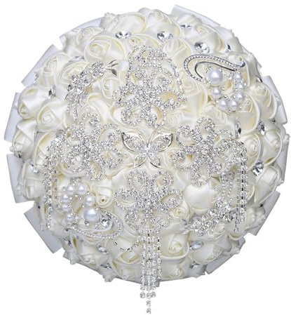 HDKAH - Bouquet de mariée pur blanc avec strass, perles et ruban rose - 21 cm x 26 cm - Artificiel - Classique - Décoration de Mariage