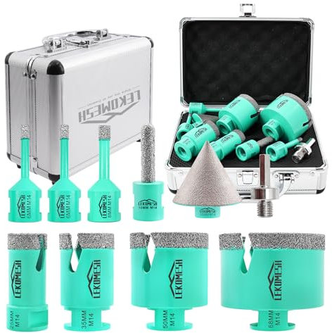LEKOMESH Punte Diamantate Gres Porcellanato - (6/6/8/25/35/50/68mm+10mm Fresa+50mm Punte Smusso+Adattatore) Trapano Kit di Seghe Diamantate per Piastrelle in Ceramica, Marmo,Filettatura M14