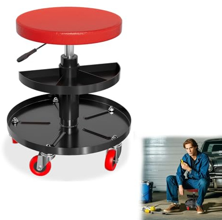 AufuN Sgabello da officina, 130 kg, con ripiano per attrezzi, con sgabello a rotelle e ripiano per attrezzi, con ruote a 360°