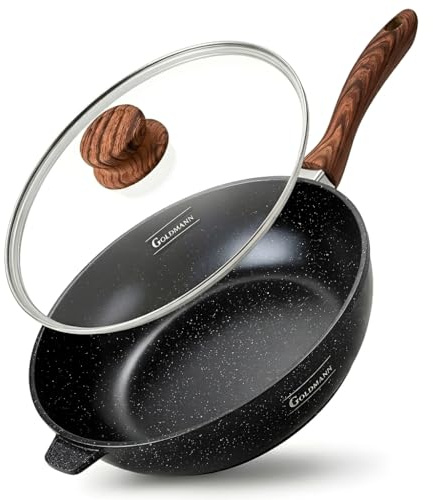 Goldmann pentola per friggere da 28 cm, antiaderente in alluminio pressofuso con coperchio, rivestimento in ceramica effetto marmo, compatibile con piani cottura a induzione, senza PFOA.
