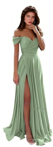 Generic - Robe de demoiselle d'honneur à épaules dénudées, longue robe de bal en satin, corset A-ligne froncée, robe de soirée formelle pour femmes, invitée de mariage avec fente, vert sauge, 34