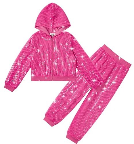 LOLANTA Niños Lentejuelas Hip Hop Traje de Baile Calle Ropa de Baile Conjunto Chaqueta Pantalón, Rosado, 12-13 años, 170
