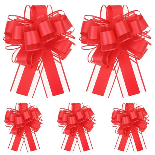 YAWYO 5 Lazos Grandes para Tirar, Cinta Roja de 15 cm para Coche de Boda, para Envolver Regalos, Cestas, Flores y Decoración de Cajas de Regalo