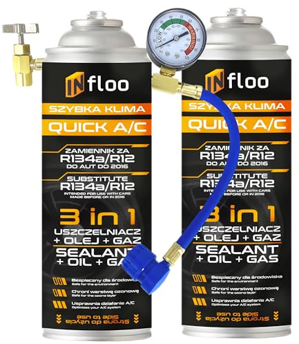 INfloo 2x Fast Klima 3in1 – Gas R134a + Oil + Sealant + Cable with Gauge + Gloves