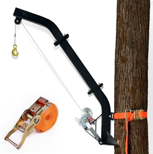 Atflbox Tree Mounted Game Hoist for Hunting with Winch and Ratchet Strap, 500LBS Capacity Hunting Deer Hanger, 26FT Steel Cable Heavy Duty Deer Hoist for Skinning, Hanging Deer Feeder Hoist