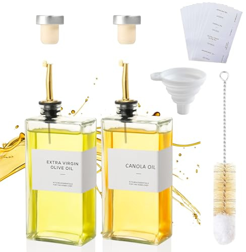Juego de 500ml Botella Aceite de Oliva, 2 Piezas Aceitera dispensador de Aceite y Vinagre para Cocina, Botella Cristal de Aceite de Oliva, Aceitera Antigoteo con Cepillo, Etiquetas y Embudo(Cuadrado)