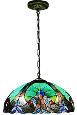 Dualbao Lámpara Colgante Barroca De 16'' En Azul Pavo Real Verde Y Amarillo, Luz De Techo Vintage Clásica, Accesorio De Vidrio De Colores Colgante para Pasillo Y Isla De Cocina.,Azul