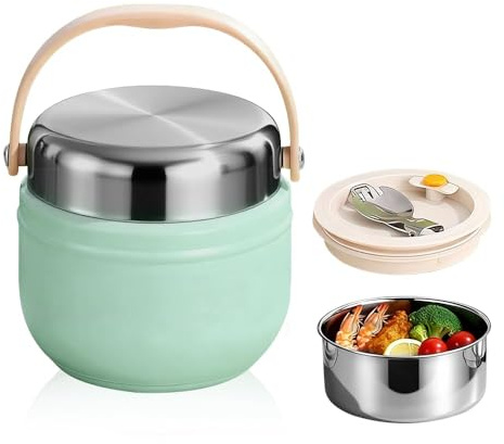 Udbrud Boîtes Alimentaires Isothermes 1200ml, Isotherme Repas Chaud avec Cuillère Pliante, Acier Inoxydable Récipient Isotherme Boîte à Lunch Thermique pour École, Bureau, Extérieur