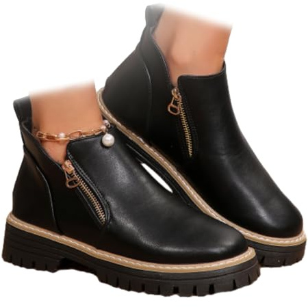 WINDEHAO Stivaletti da donna con punta tonda con cerniera laterale, tacco grosso, plateau, ortopedici, comodi, vestibilità larga, stivaletti Chelsea, Nero , 46 EU