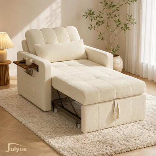 Julyue Bäddfåtölj 3-i-1, sovfåtölj med utdragbar säng 70×190 cm, 5 lägen, vänster sidobord, sidoficka, chenille, beige