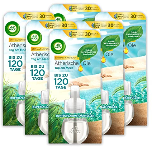 Air Wick Duftölflakon Nachfüller Tag am Meer – Erfrischender Raumduft – 6er Duftöl Set – Plastikfreie Verpackung