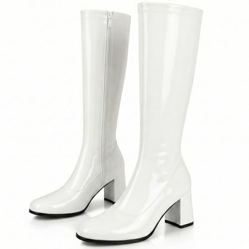 Golden Beads Womens Fancy Dress Party Go Go 1960s & 1970s Retro Look Girls Shoes Costume Heels Boots Zip Closure Size 3-12uk (White, 11 UK, UK Footwear Size System, Adult, Women, Numeric, Medium, 11)