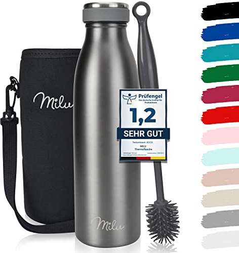Milu Stainless Steel Drinking Bottle 500 ml - Insulated Thermo Flask for Water - Leak Proof, Insulated and Double Walled, Carbonated (Grey, 500ml)