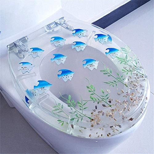 XBSLJ WC-Sitze Toilettensitz, Toilettensitze, Soft Close, Schnellverschluss, verstellbare Edelstahlscharniere, Oben befestigter Toilettendeckel, Harz-antibakterielles Material - transparenter Fisch