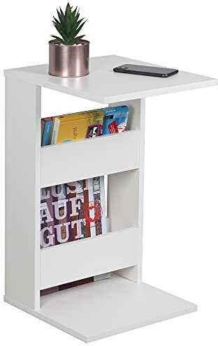 RICOO Kleiner Beistelltisch Holz 35 x 60 x 40 cm WM042-WM Couchtisch mit Stauraum Weiß Wohnzimmertisch Kleiner Tisch Wohnzimmer Sofatisch Beistelltische C Form Konsolentisch