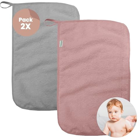 MIMUSELINA Pack 2X Mini Toallas Bebé | Toallas Guarderia con Colgador | Toalla Pequeña Infantil | Rizo algodón Absorbente gramaje 450 gr. 4,5cm | Rosa/Gris