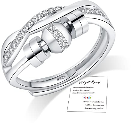 FUNTE® Anxiety Rings for Women Sterling Silver Fidget Rings Thumb Rings for Stress Relief Five Spinner Beads Rings Adjustable Anxiety Ring Twist Cubic Zirconia Ring(With Gift Card & Box)